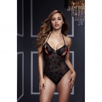 Body z wycięciami na piersiach - Baci Black Lace Bodysuit & Bra Slits Red Bow  