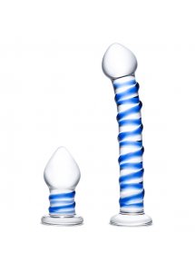 Dildo i korek analny - Glas Double Penetration Glass Swirly Dildo & Butt Plug Set 2 pcs  