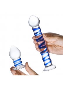 Dildo i korek analny - Glas Double Penetration Glass Swirly Dildo & Butt Plug Set 2 pcs  