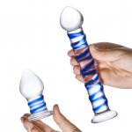 Dildo i korek analny - Glas Double Penetration Glass Swirly Dildo & Butt Plug Set 2 pcs  