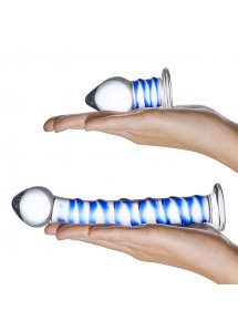 Dildo i korek analny - Glas Double Penetration Glass Swirly Dildo & Butt Plug Set 2 pcs  