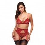 Komplet trzyczęściowy - Baci - 3pc Lace Garter Set Czerwony S/M  