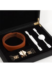 Lockink - Kompletny Zestaw Knebli BDSM Do Zamknięcia Buzi Partnera Brązowo-Biały