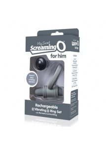 Pierścień erekcyjny do stymulacji krocza, z pilotem - The Screaming O Charged Remote Control Bullet and Ring for Him  Szary