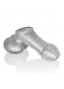 Pierścień na jądra z nakładką do masturbacji - Oxballs Sackjack Wearable Jackoff Sheath Clear Frost  
