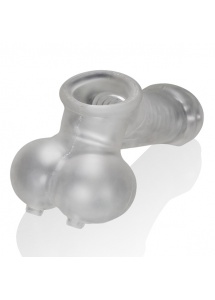 Pierścień na jądra z nakładką do masturbacji - Oxballs Sackjack Wearable Jackoff Sheath Clear Frost  