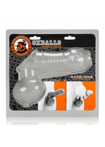 Pierścień na jądra z nakładką do masturbacji - Oxballs Sackjack Wearable Jackoff Sheath Clear Frost  