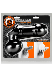 Pierścień na jądra z nakładką do masturbacji - Oxballs Sackjack Wearable Jackoff Sheath Czarny