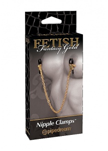 PIPEDREAM Fetish Fantasy Gold - Eleganckie zaciski na sutki klamry ZŁOTY ŁAŃCUSZEK