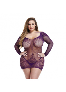 Sukienka koszulka pełna haftowanych detali i siateczki - Lapdance Long Sleeve Lace Mini Dress   L/XL Fioletowy