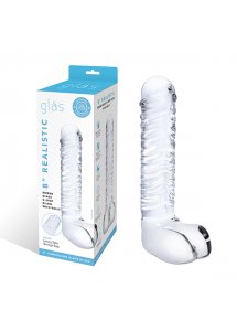 Szklane realistyczne dildo z jądrami - Glass Realistic Ribbed Glass G-Spot Dildo with Balls  