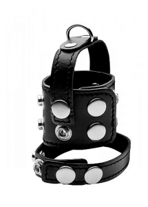 XR BRANDS STRICT - Skórzany pierścień na penisa i jądra STRETCHER